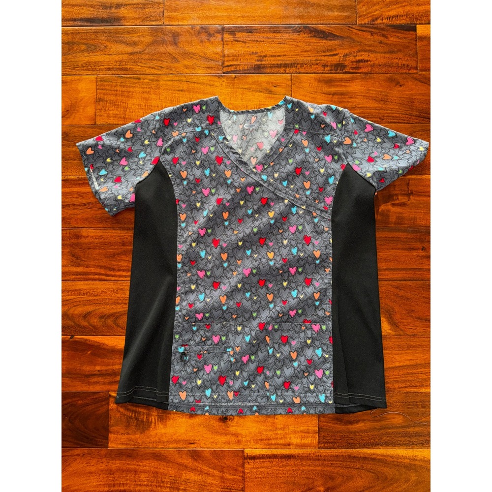 Scrubaid Scrub Top Women XL Grey Multicolor Heart Print Mock Wrap Stretch Panels